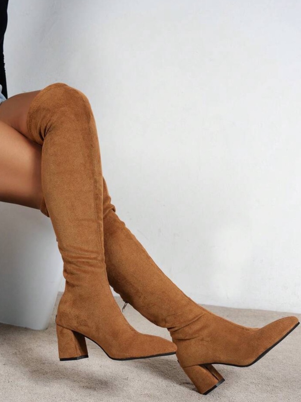 Tan Over-The-Knee Suede Boots – Chunky Heel Thigh High Boots - 9.5 - Picture 2 of 6